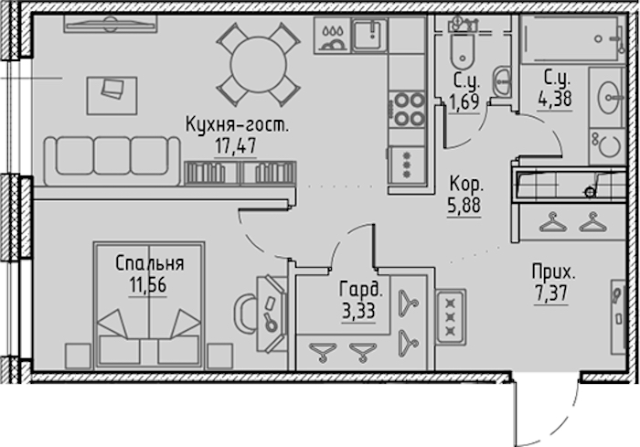 1-комнатная квартира 51.68 м², 2/10 эт., ЖК «LEGENDA Сампсониевский 32»